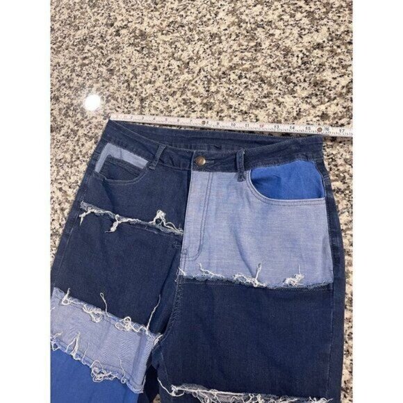Women’s Blue Patchwork Flare Jeans XXL Multi-Color Denim High Waist Frayed Hem - Picture 3 of 7